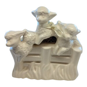 Vintage MCM Haeger Three Lambs Jumping Over Fence Planter White #3505